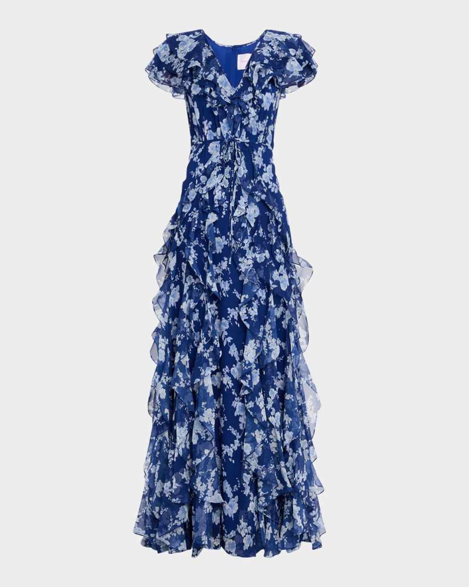 Plunging Ruffle Short-Sleeve Silk Gown